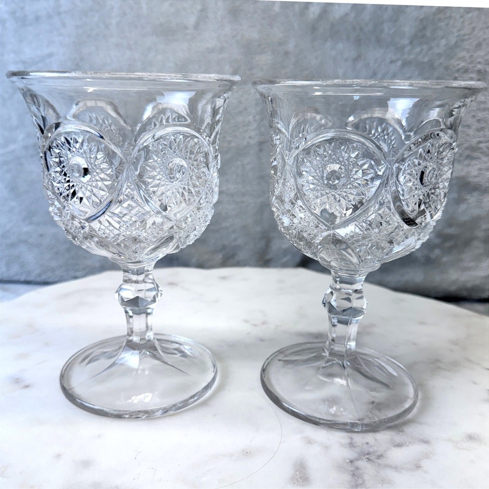 Antique EAPG Goblet Pair Thumbprint Pattern Victorian Pressed Glass 6"